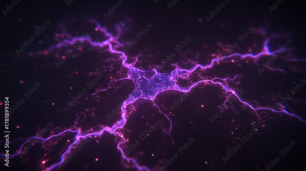 Brilliant electric patterns weave through a dark background, showcasing vibrant purple and blue colors. The design resembles lightning, creating a dynamic and captivating visual experience.
