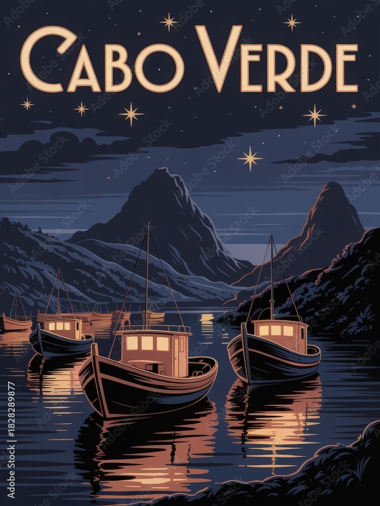 Cabo Verde showcases a serene night scene with wooden boats gently bobbing on the water. Mountains rise in the background, illuminated by starlight, creating a peaceful atmosphere.