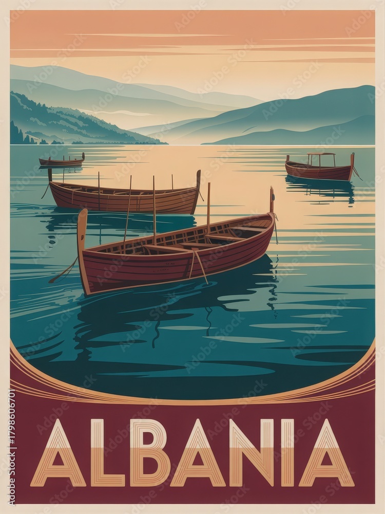 Calm waters reflect the soft colors of dawn in Albania as wooden boats gently float. The serene landscape showcases rolling hills and distant mountains, inviting tranquility and exploration.
