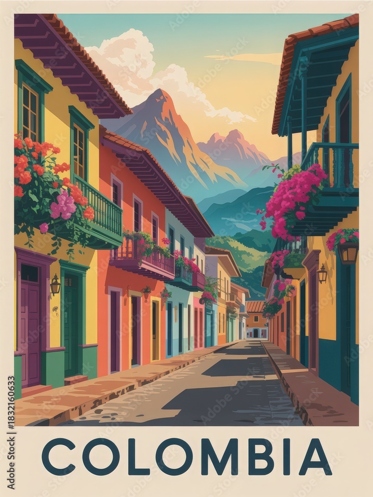 Charming street in Colombia features brightly painted buildings adorned with flowers. Majestic mountains rise in the background during a colorful sunset, creating a picturesque scene.
