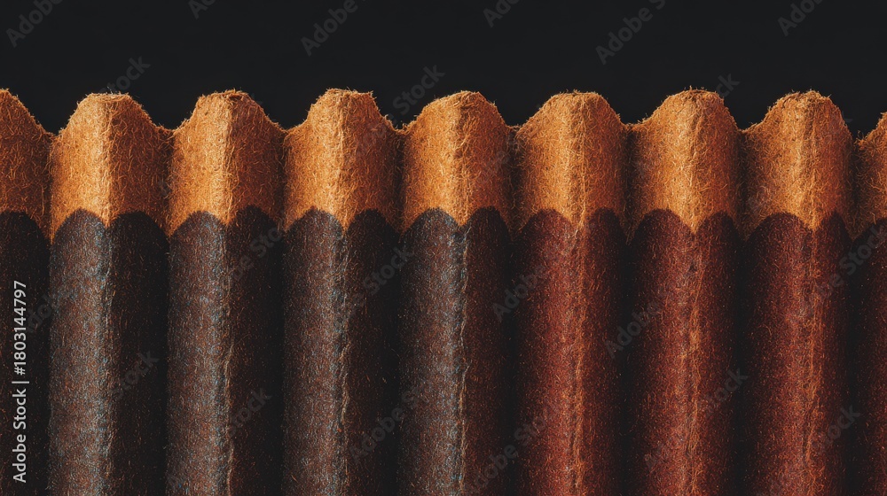 Close-up view of colored pencils in shades of brown and black, lined up. The textures of the wood and pigments are clearly visible, showcasing their sharp tips and hexagonal shapes.