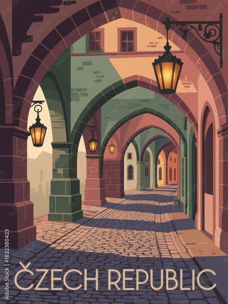 Cobblestone street features elegant arches and warm lanterns, creating a nostalgic atmosphere. The warm colors and intricate architecture invite exploration in the Czech Republic.