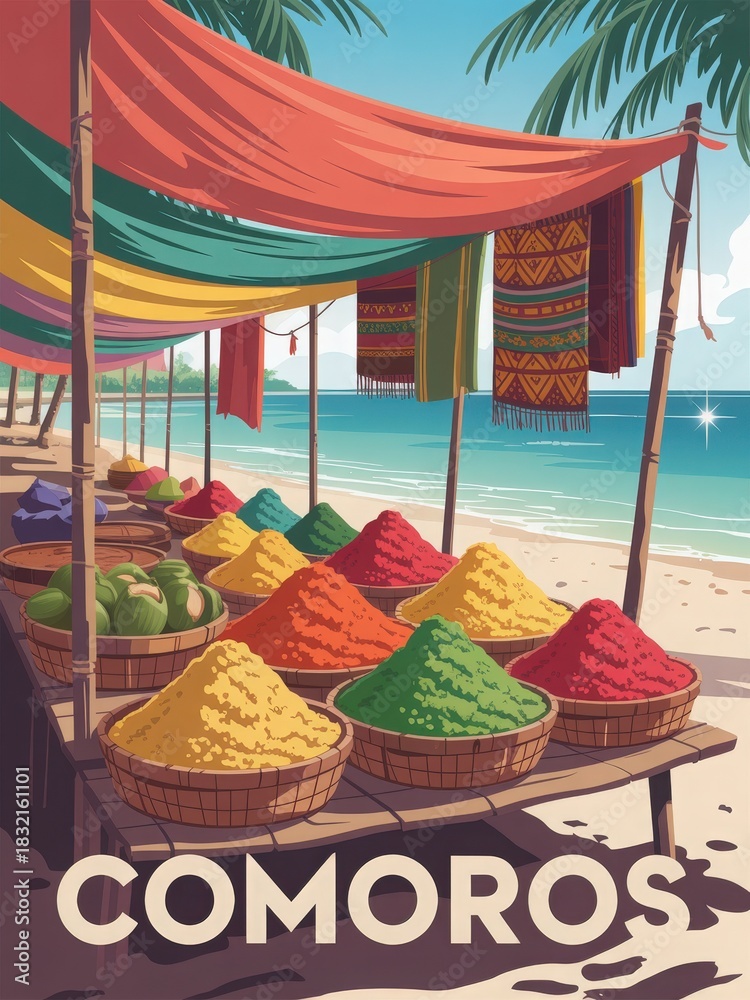 Colorful baskets filled with various spices are displayed in a market near the beach in Comoros. Lush palm trees and a clear sky create a relaxing atmosphere. Tourists and locals enjoy the scene.
