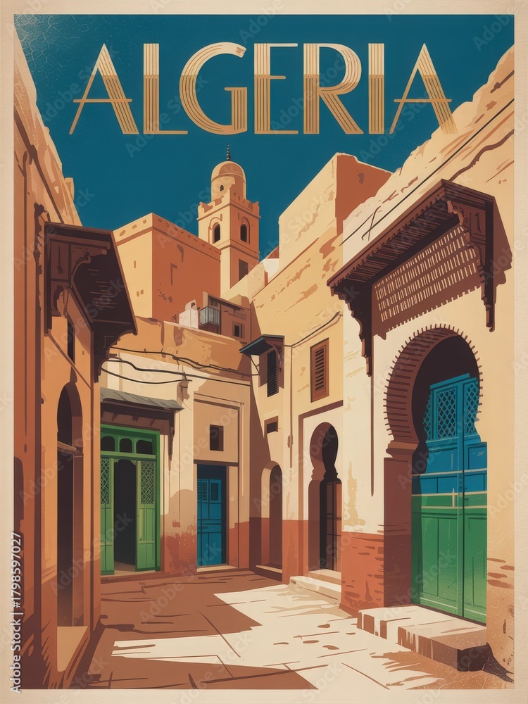 Colorful buildings line the narrow streets of Algeria, showcasing unique architectural styles. Bright green doors contrast with warm stone walls, inviting visitors to explore this charming area.