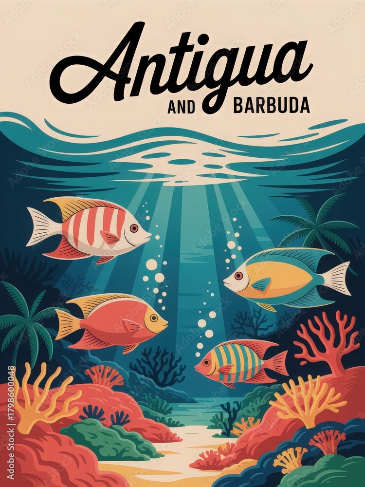 Colorful fish swim among coral reefs in the clear blue waters of Antigua and Barbuda. Sunlight filters down through the surface, illuminating the vibrant underwater landscape.