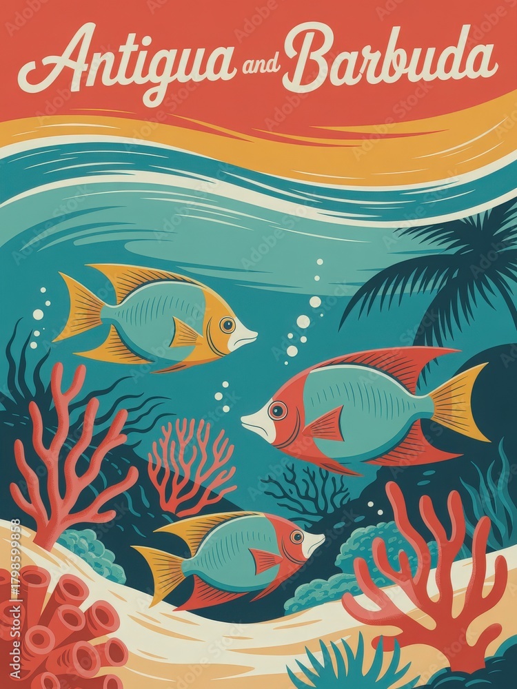 Colorful fish swim through clear waters surrounded by various corals in a lively underwater scene. The tropical setting highlights the beauty of marine life in Antigua and Barbuda.