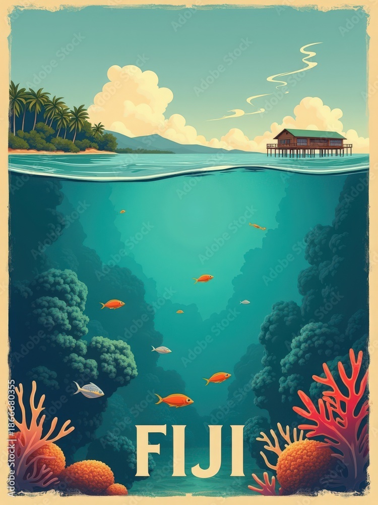 Colorful fishes swim through clear water near a coral reef. Above, a wooden lodge rests on stilts with palm trees nearby. The sky shows a few clouds and distant mountains in Fiji.