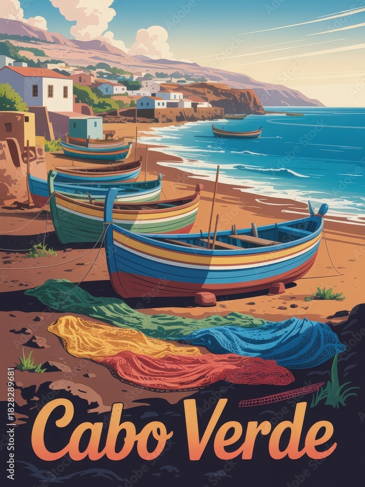 Colorful fishing boats rest on the sandy beach of Cabo Verde as gentle waves lap at the shore. Nearby, fishing nets and vibrant cloth add charm to the coastal scene under a bright sky.