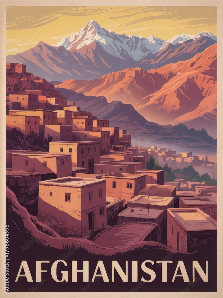 Colorful homes are nestled on the mountainside, with towering peaks in the background.