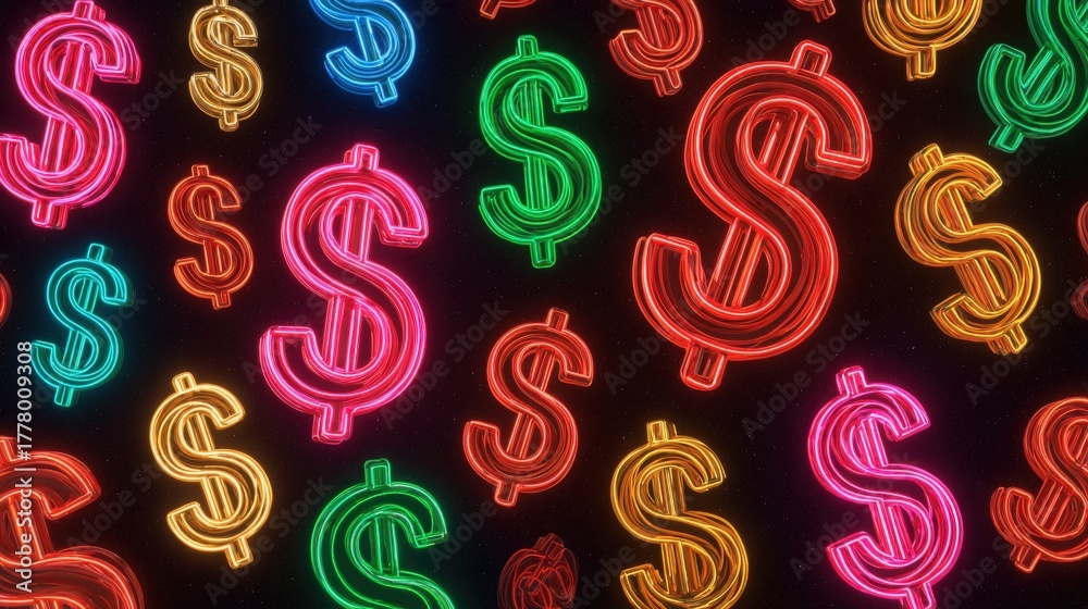 Colorful neon dollar signs in various shades of green, pink, and orange glow against a dark backdrop. The arrangement creates a festive and lively atmosphere, perfect for nightlife.