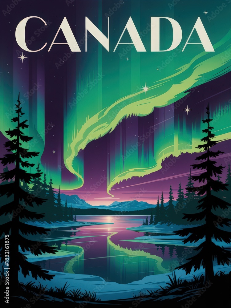 Colorful northern lights dance across the night sky in Canada, reflecting in a calm lake surrounded by evergreens. The scene captures the beauty and tranquility of nature during twilight.