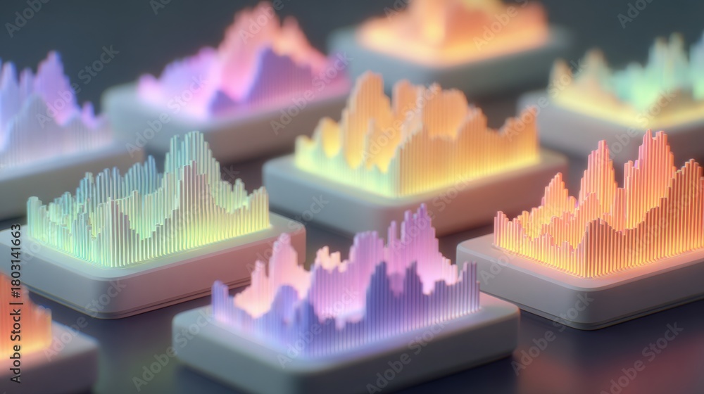 Colorful sound waveforms are arranged in a grid format, showcasing various heights and patterns.