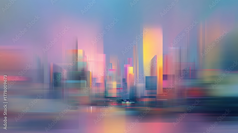 Colors blend and swirl in a vibrant cityscape as tall buildings rise against a soft twilight sky. The scene captures the essence of urban life with dynamic hues and blurred forms.