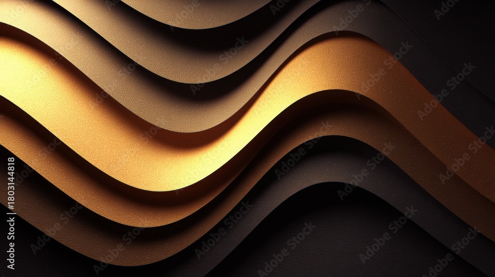 Curved layers of black and gold create an elegant texture that adds depth and movement. The wavy design captures light, emphasizing the interplay between the dark and metallic tones.