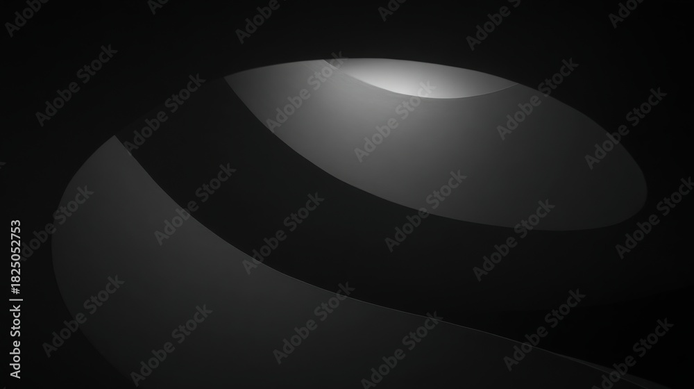 Curving shapes emerge from shadows in a dark setting, showcasing a blend of light and darkness. The forms create an intriguing visual pattern, inviting exploration.