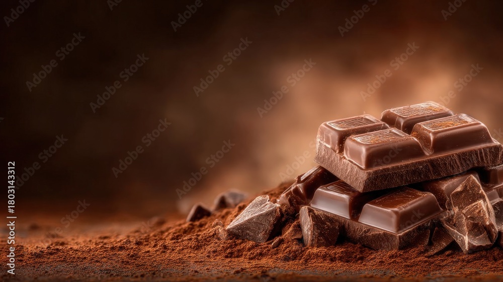 Dark chocolate bars are arranged in an attractive stack on a bed of cocoa powder. The warm tones create a cozy and inviting atmosphere, highlighting the delicious texture.