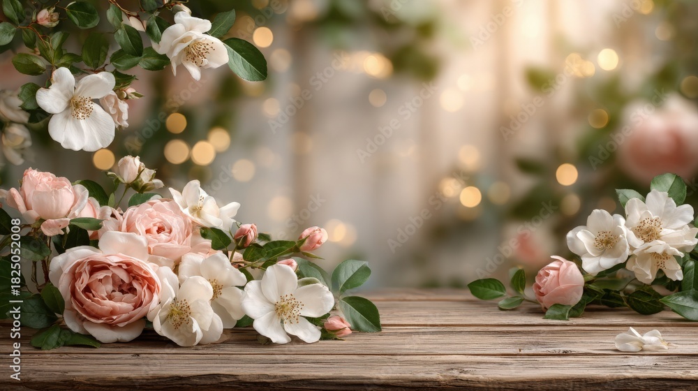 Delicate pink roses and white blossoms are arranged on a rustic wooden table. A softly lit background enhances the floral display, creating a serene and inviting atmosphere.