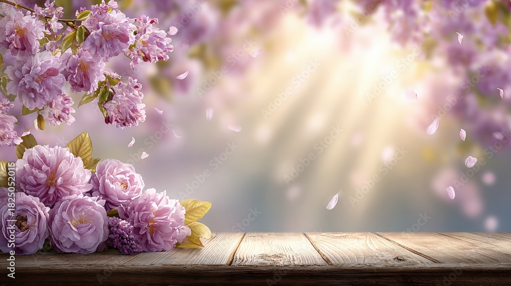 Delicate purple flowers are arranged on a rustic wooden table. Soft sunlight streams through, creating a serene atmosphere. Petals gently fall, adding a touch of elegance to the scene.