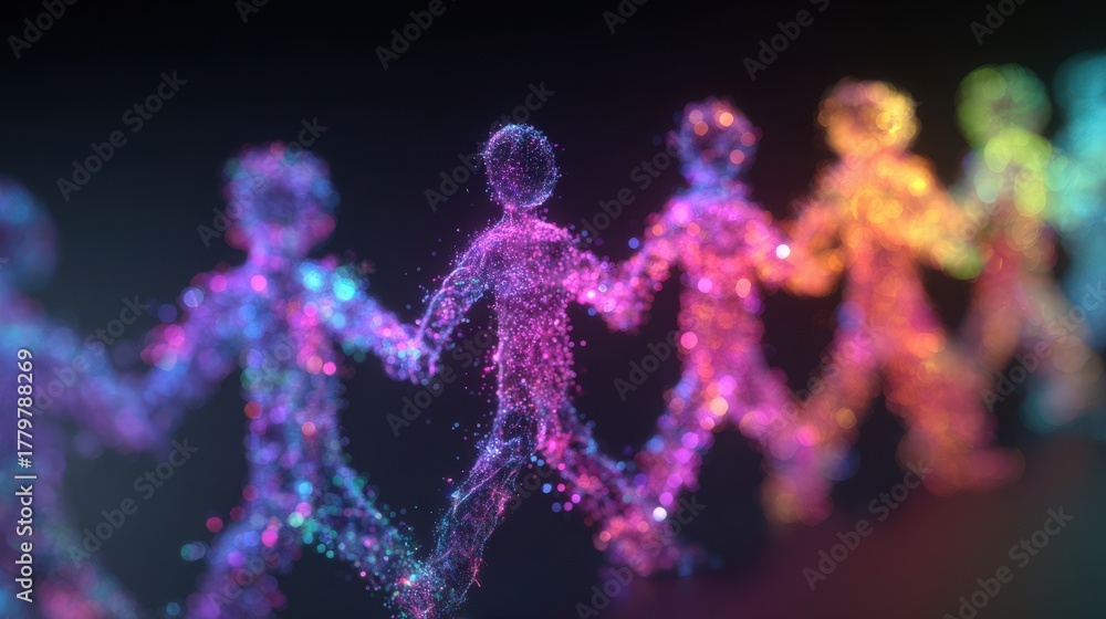 Digital figures made of vibrant particles are shown holding hands in a continuous loop, symbolizing community, connection, and togetherness. The background is dark, enhancing the bright colors.