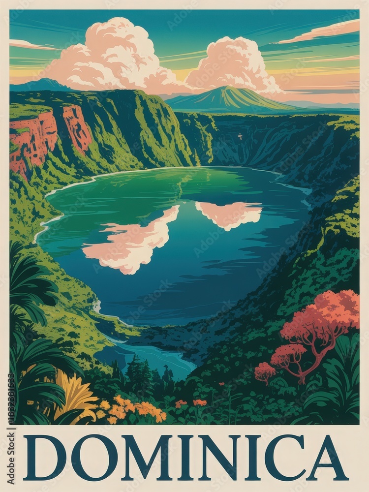 Dominicas stunning landscape features a serene lake surrounded by green mountains under a vibrant sky. Fluffy clouds reflect on the waters surface, creating a peaceful scene.