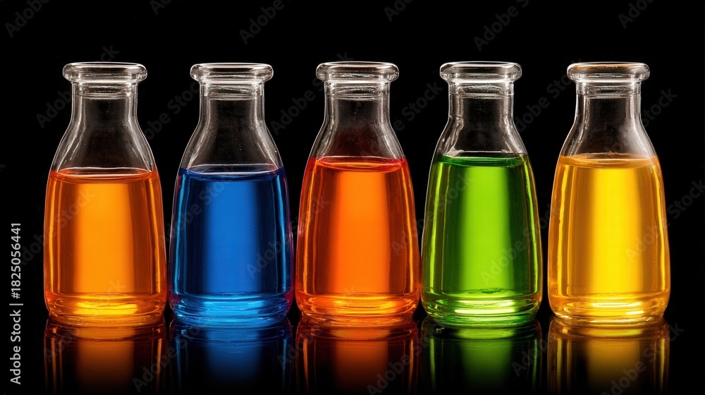 Five glass bottles lined up on a black background hold vibrant liquids in shades of orange, blue, orange, green, and yellow. The striking colors reflect beautifully on the surface.