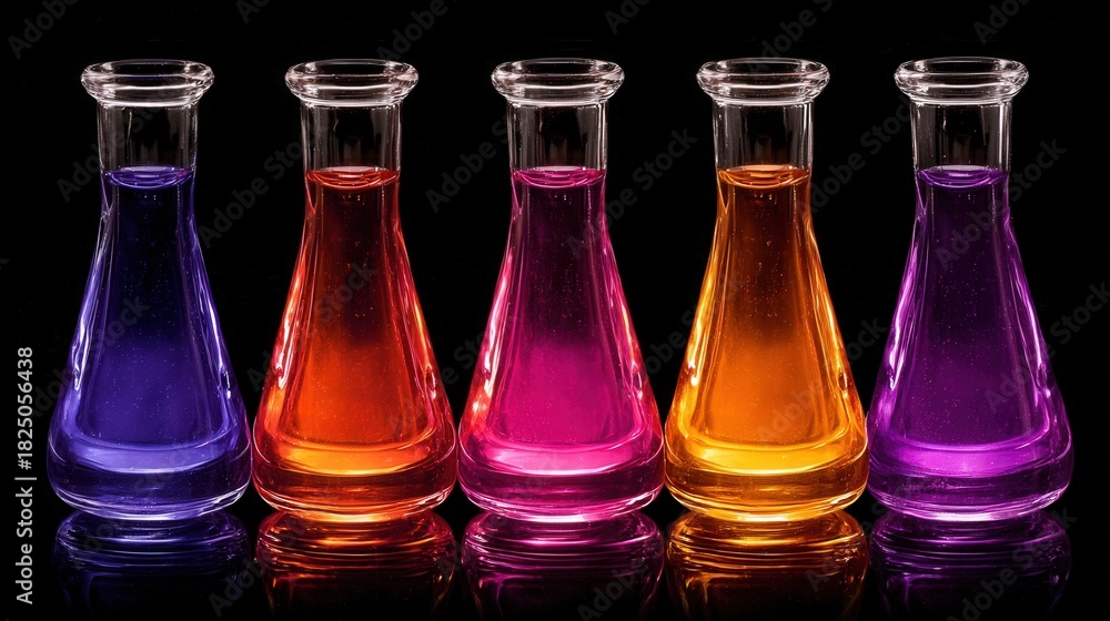 Five glass flasks filled with vibrant liquids in purple, orange, and pink hues are lined up against a black background. The asymmetry of the colors creates an eye-catching display.