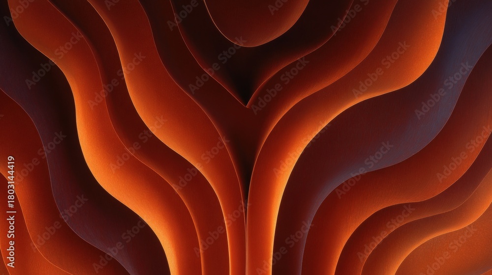 Flowing patterns of orange and dark shades blend together, creating wavy shapes that evoke movement and depth. Light plays across the curves, adding a dynamic quality to the design.