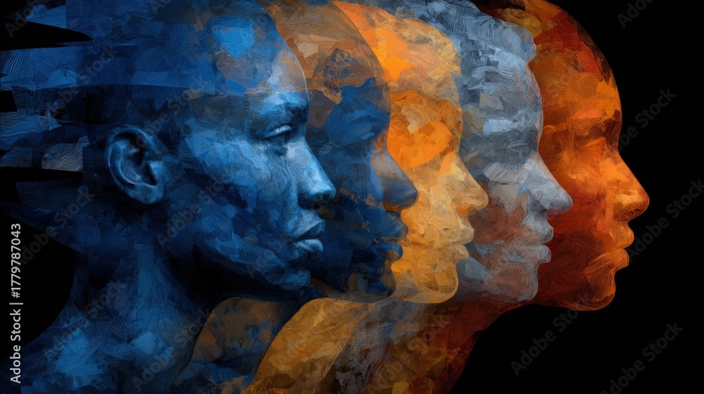 Four artistic profiles portray the evolution of human features using blue, orange, and beige tones. This striking piece captures the essence of humanitys journey through time and color.
