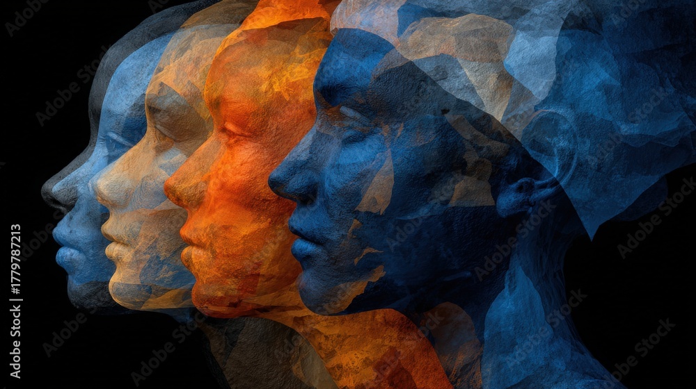 Four human profiles are artistically arranged in a sequence, blending colors of blue and orange to create striking contrasts that highlight facial features and expressions.