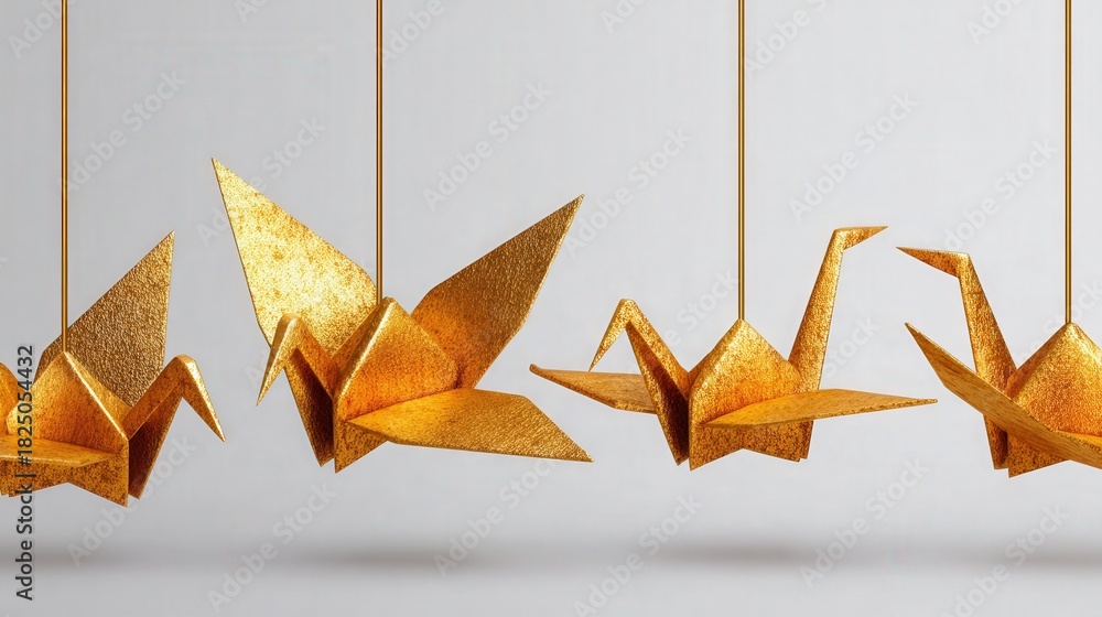 Four intricately folded golden origami cranes are displayed hanging in a row. The cranes are positioned at different angles, showcasing their delicate details against a smooth, light background.