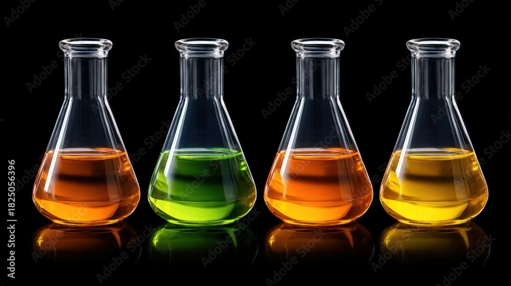 Four laboratory flasks filled with brightly colored liquids sit lined up on a reflective surface.