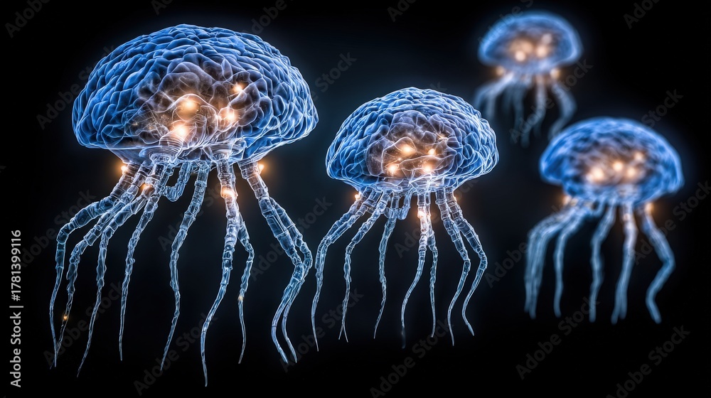 Four vibrant jellyfish glide through the dark ocean, their bodies lit with soft, glowing colors. The scene captures the beauty of marine life illuminated in the deep sea.