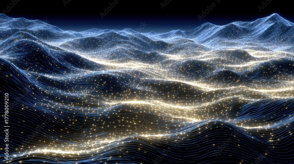 Glowing waves flowing through a digital landscape. The bright lights create an enchanting atmosphere in a surreal night setting, showcasing movement and elegance.