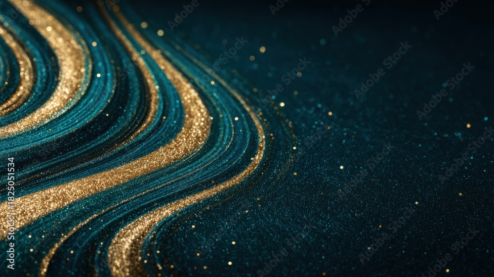 Golden and teal glitter create flowing lines against a deep dark background. The contrast showcases shimmering textures, reflecting light beautifully.