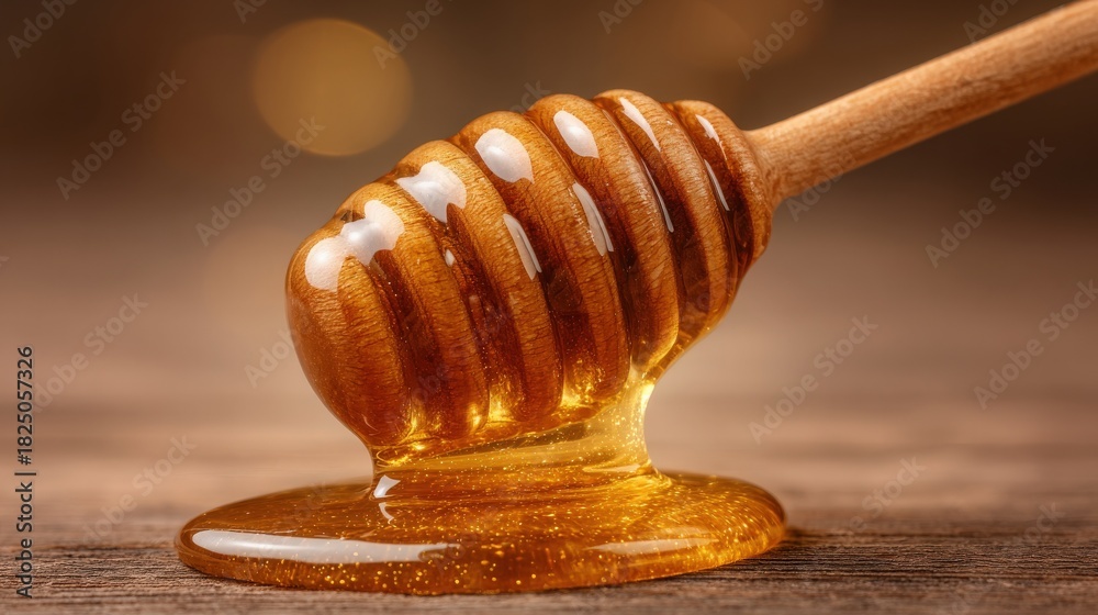 Golden honey flows from a wooden dipper, creating a glossy puddle on a rustic wooden surface. The warm bokeh background adds a cozy touch to the scene, enhancing the honeys rich color.