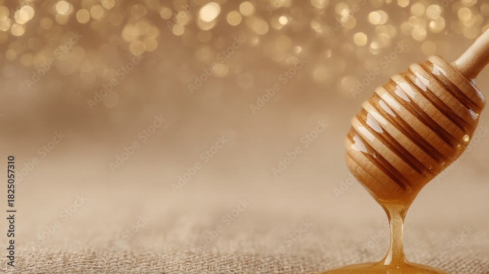 Golden honey oozes from a wooden dipper, capturing soft light against a shimmering backdrop. The scene highlights the rich texture and color of the honey.