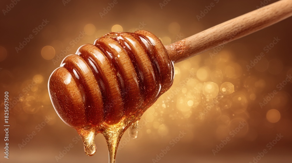 Honey oozes from a wooden dipper, glistening in warm light. The rich texture and deep color of the honey create a captivating visual against a soft, shimmering background.