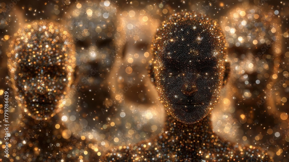 In a dimly lit environment, several shadowy figures emerge, their surfaces sparkling like stars. The ambiance blends mystery with beauty, evoking a sense of wonder.