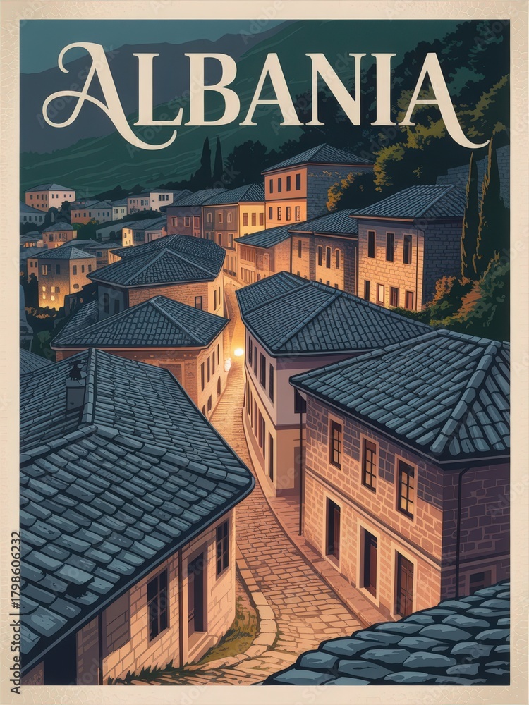 In a picturesque town of Albania, narrow cobblestone streets are lined with traditional stone houses.