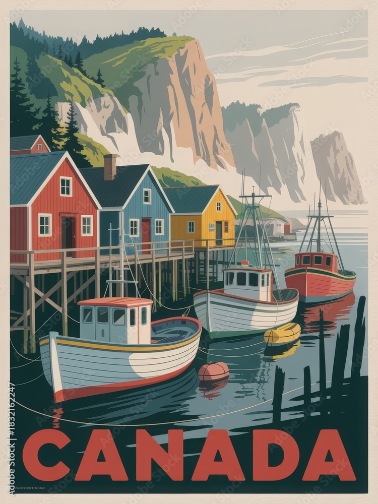 In a scenic Canadian fishing village, bright red, yellow, and blue buildings line the dock. Traditional boats float in calm waters, framed by majestic cliffs and lush trees under a clear sky.
