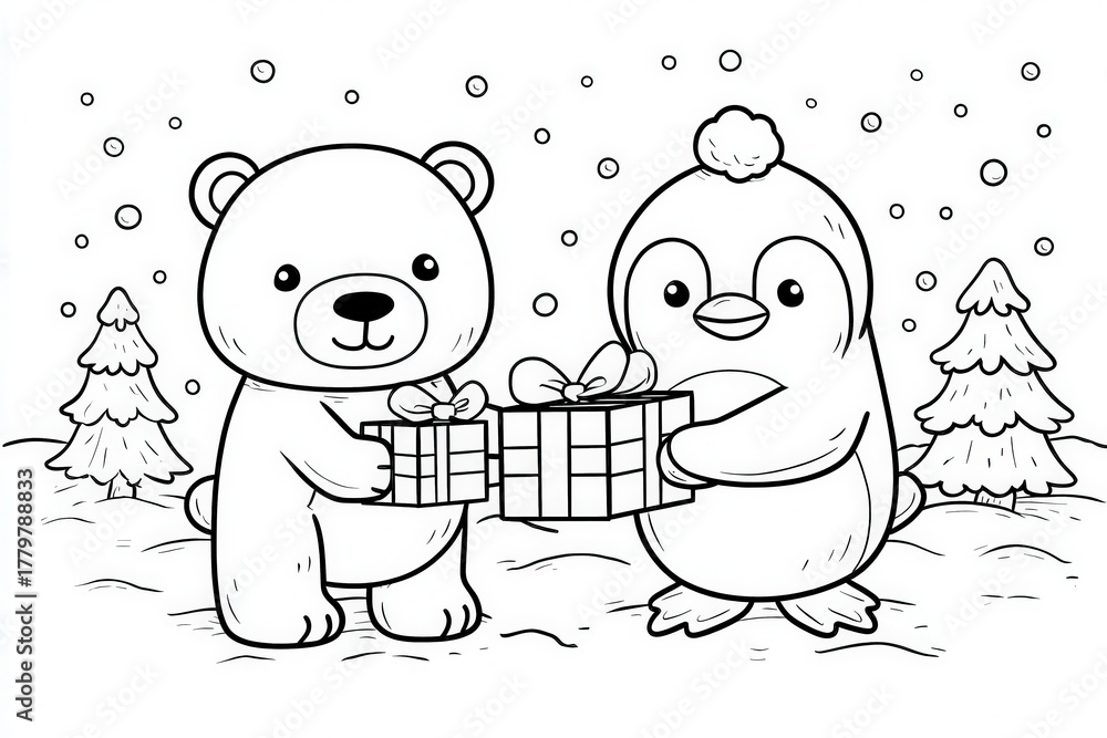 In a snowy landscape, a bear and a penguin happily exchange colorful presents. Surrounding them are snowy trees, adding to the cheerful winter atmosphere. The scene captures a joyful holiday moment.