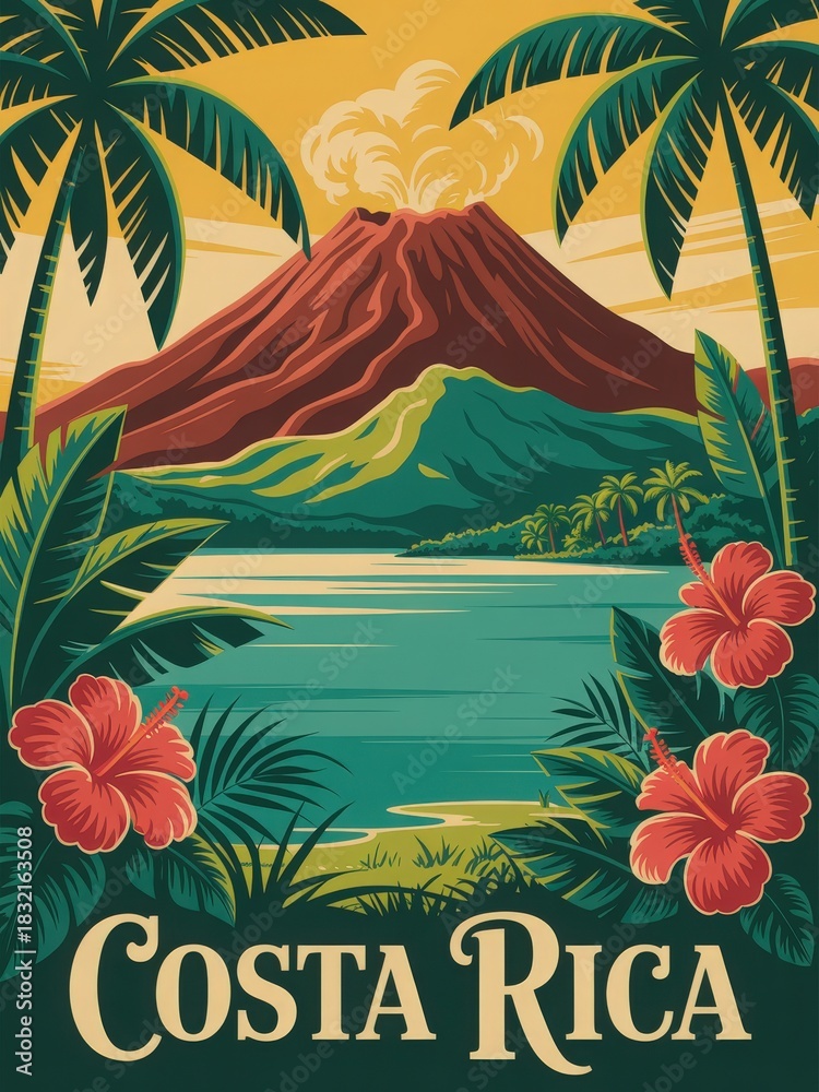 In lush Costa Rica, a vibrant volcano towers over a serene lake, framed by tropical plants and colorful flowers. The landscape is bathed in warm sunlight, creating a picturesque scene.
