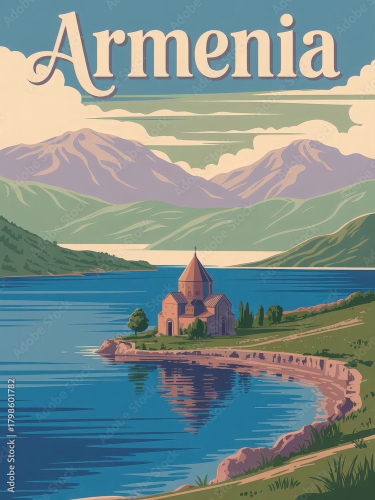 In the foreground, a picturesque church stands on the shoreline of a calm lake surrounded by mountains. The scene showcases lush greenery, serene water, and a clear blue sky.