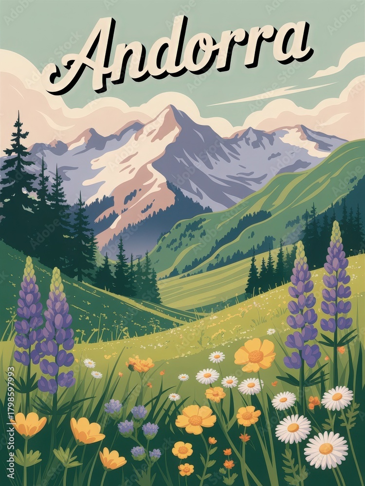 In this peaceful scene from Andorra, green hills rise toward majestic mountains. Colorful flowers dot the foreground, creating a charming view under a clear sky, showcasing natures beauty.