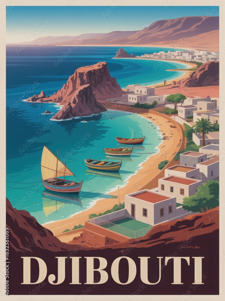 In this vibrant coastal scene of Djibouti, colorful boats rest near a sandy shore. The backdrop features rocky cliffs, white buildings, and lush greenery under a clear sky.