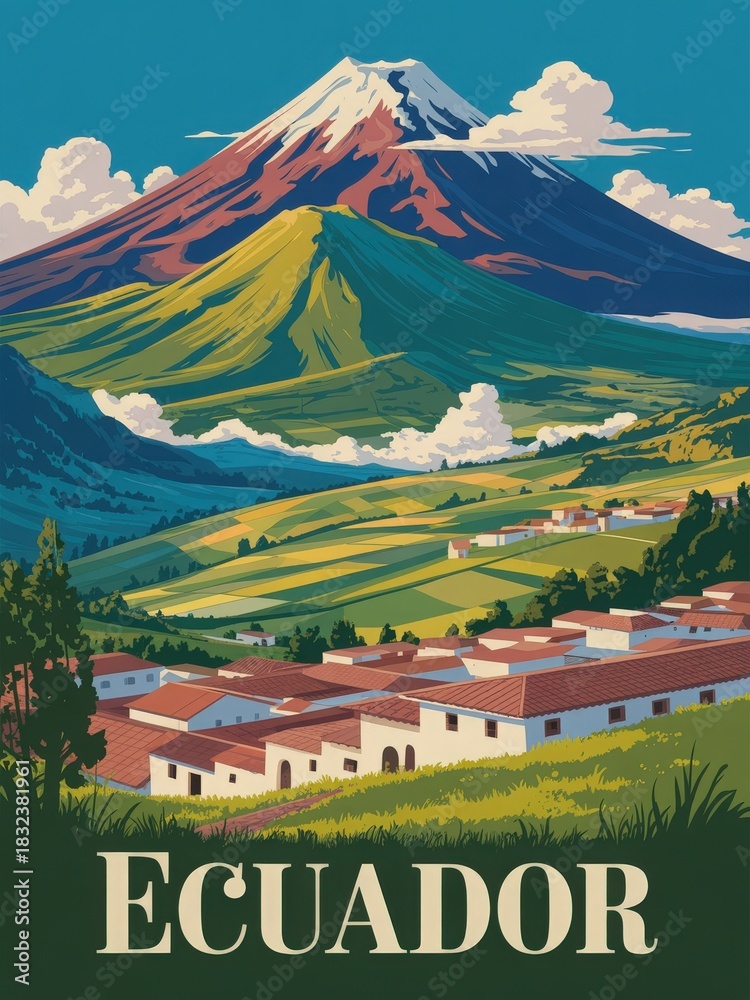 In this vibrant landscape, a grand volcano rises above rolling green hills in Ecuador. Below, quaint buildings create contrast with the natural beauty under a clear blue sky.