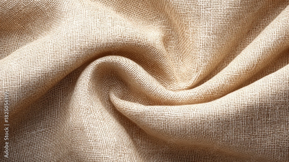 Light beige fabric lies in gentle folds, showcasing its soft texture and subtle weave. The natural light enhances the depth and warmth of the material, creating a calming appearance.