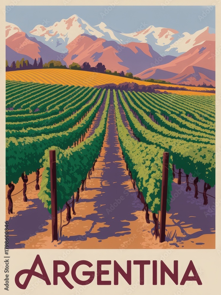 Lush green grapevines stretch across a large vineyard with majestic mountains in the background. Bright sunlight highlights the vibrant landscape, showcasing the beauty of Argentinas wine country.
