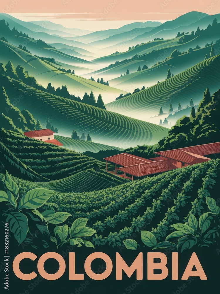 Lush green hills filled with coffee plants stretch out under a colorful sky. Traditional houses dot the landscape, highlighting the beauty of Colombias famous coffee regions at dawn.