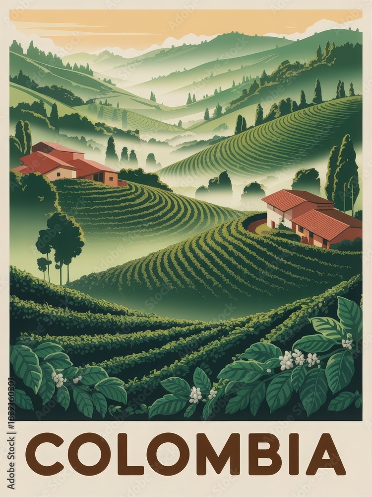 Lush green hills of Colombia are covered with coffee plants. Traditional houses sit peacefully among the fields, surrounded by trees and mist in the background, creating a serene atmosphere.